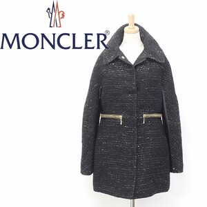 ◆MONCLER GAMME ROUGE/モンクレール ガムルージュ ロゴプレート スパンコール シルク混 ツイード ジップデザイン ダウン コート 黒 0