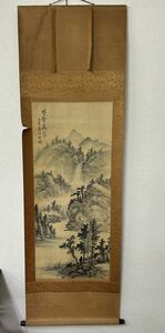 掛軸 掛け軸 模写 美術品 古画 古美術品　日本画 中国画　　書画 風景 山水画 水墨画 水墨山水 水墨　縦183cm 横64cm 作者不明/規1