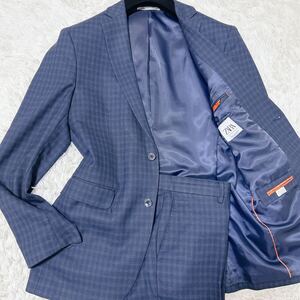 美品 希少 XLサイズ ZARA ザラ スーツ セットアップ テーラードジャケット 上下 ウィンドペーン チェック パイピング 光沢 ネイビー 50