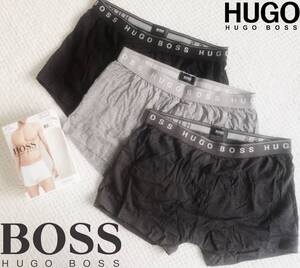 新品★ヒューゴ ボス HUGO BOSS★ボクサー パンツ 3枚 セット★箱入★ブラック 濃淡グレー★ニット トランクス 下着 L★742