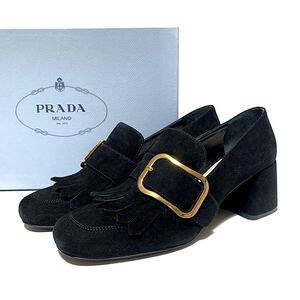 ☆美品 PRADA プラダ フリンジ バックルベルト スエードレザー パンプス シューズ 黒 size 37 イタリア製 革靴 オフィスカジュアル