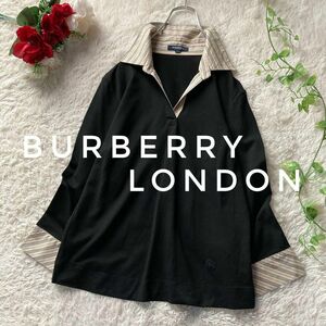 バーバリーロンドン　七分袖ストレッチスキッパーシャツ　切替　ストライプ　ブラック　大きいサイズ4　BURBERRY LONDON