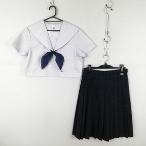 1円 セーラー服 チェックスカート スカーフ 上下3点セット 夏物 白3本線 女子 学生服 福岡筑紫女学園中学高校 白 制服 中古 ランクC NA9845