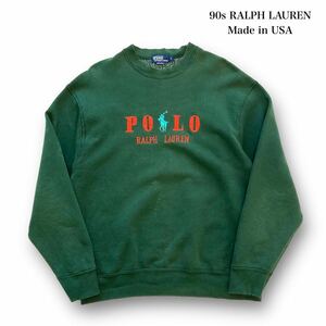 【POLO RALPH LAUREN】90s ポロラルフローレン USA製 スウェットトレーナー 刺繍 古着 90年代 アメリカ製 ヴィンテージ デカロゴ グリーン