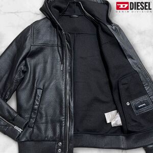 超レア/L相当●DIESEL ディーゼル ラムレザー ジャケット パーカー ブルゾン ライダース ワッフル 羊革 クロコダイル柄 ブラック 黒 メンズ