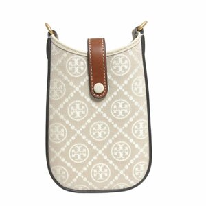 美品 23SS TORY BURCH トリーバーチ キャンバス×レザー Tモノグラム フォン クロスボディ ショルダーバッグ ポシェット ベージュ ◆