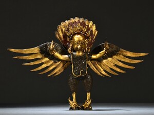 【瓏】古銅彫 塗金大鵬鳥擺件 時代物 古置物擺件 銅製 仏教文化 古美術 骨董品 蔵出