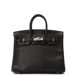 エルメス バーキン25 ブラック/シルバー金具 リザード □M刻印 HERMES Birkin ハンドバッグ 【安心保証】