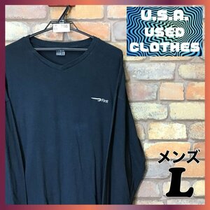 ME5-786★訳あり 格安★BIGサイズ★USA古着★【First】刺繍ロゴ Vネック 長袖 Tシャツ【メンズ L】黒 ゆるダボ ルームウェア 男女兼用