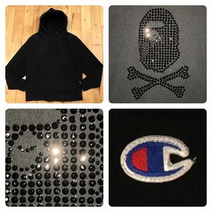 CHAMPION × BAPE スワロフスキー PULLOVER HOODIE Mサイズ ブラック a bathing ape チャンピオン エイプ ベイプ パーカー swarovski w55