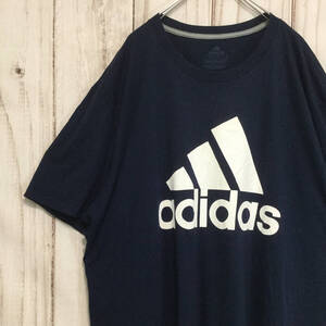 【アディダス 半袖ビッグロゴTシャツ】超ビッグサイズ5＆#321; 4XL相当 ネイビー adidas 古着 [240613-024]