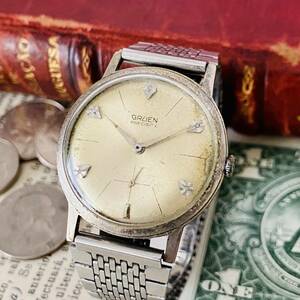 【アンティーク グリュエン】1950年代 GRUEN プレシジョン スモセコ 5ダイヤモンド 手巻き メンズ レディース アナログ 腕時計 訳あり