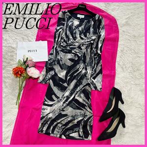 【美品】EMILIO PUCCI ロングワンピース プッチ柄 グレー 長袖　エミリオプッチ