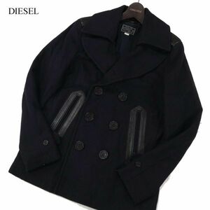 DIESEL ディーゼル 羊革 レザー使い★ 秋冬 メルトン ウール Pコート Sz.S　メンズ ネイビー　I3T02416_C#N