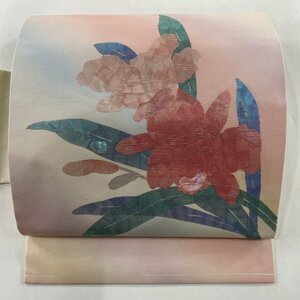 名古屋帯 美品 秀品 草花 螺鈿箔 薄ピンク 正絹 【中古】