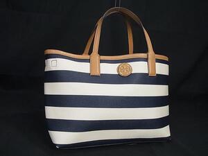 1円 ■美品■ TORY BURCH トリーバーチ PVC×レザー ボーダー ハンドバッグ トート アイボリー系×ネイビー系×ブラウン系 DB0265