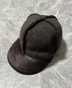 CHANEL Mohair Unborn Calf Cap シャネル モヘア ニット ハラコ レザー キャップ 帽子 サイズ57 ブラウン 茶色