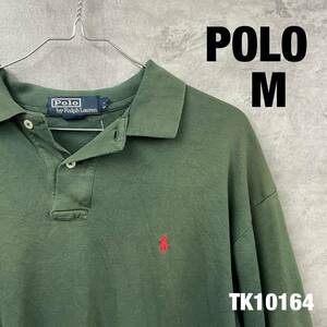 POLO RALPH LAUREN ポロラルフローレン カーキ ポロシャツ 半袖 メンズ M 夏服 無地 刺繍ロゴ ワンポイントロゴ USA 海外輸入 古着 TK10164