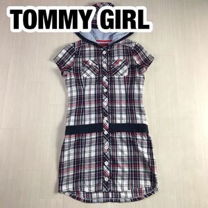 TOMMY GIRL トミーガール フード付ワンピース 膝丈 M チェック柄 マルチカラー 切り替えし