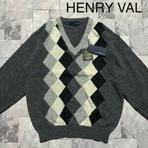 HENRY VAL ヘンリーバル ニット セーター Vネック カシミヤ混 日本製 アーガイル グレー サイズM 玉FS1392