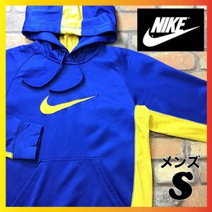 ME5-594◆USA正規品◆美品◆配色最高【NIKE THERMA-FIT】刺繍スウッシュ フーディ【メンズ S】青 黄 パーカー トレーナー ナイキ 裏起毛