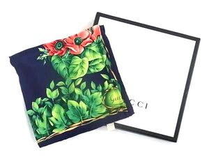 1円 ■新品■未使用■ GUCCI グッチ シルク100% フラワー 花柄 大判 スカーフ ストール ショール ネイビー系×マルチカラー FF7105