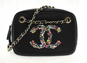 ◆ 希少 美品 CHANEL / シャネル カメラバッグ ココマーク マトラッセ ビジュー クリスタル チェーンショルダーバッグ ブラック系 144545