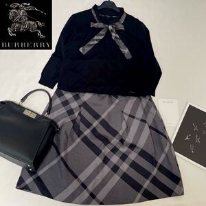 ◆大きいサイズ◆美品◆バーバリー◆BURBERRY 5・46/15号/XL-3L ボウタイニット&シャドーチェックスカートスーツ 卒業式 入学式 フォーマル