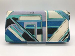 ■【YS-1】 エミリオプッチ Emilio Pucci 長財布 ■ ラウンドファスナー 小銭入れ有り ブルー系 総柄 ■ イタリア製 【同梱可能商品】K■