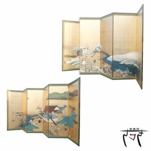 【中古】O▼屏風 六曲一双 公家 居中 人物 流水 冬 雪玉遊びの図 (30681)