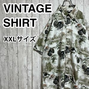 柄シャツ XXLサイズ ボタンダウン ホワイト 総柄 鳥 ビッグサイズ