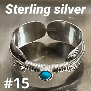 【m】sterling silver シルバー925 指輪 フェザー 羽 ターコイズ 15号