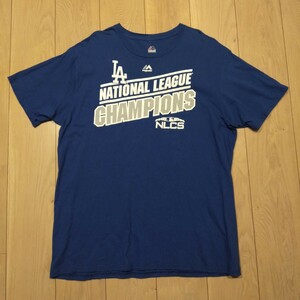 USA古着卸 XLサイズ MAJESTIC マジェスティック MLB ナショナルリーグ チャンピオンズ 2018 ドジャース ロゴ 両面プリント Tシャツ 