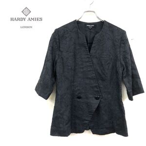 1N1248-W-N◆HARDY AMIES ハーディエイミス 七分袖 リネンジャケット ノーカラー 裏地なし 刺繍 エレガント◆size:13 ブラック リネン