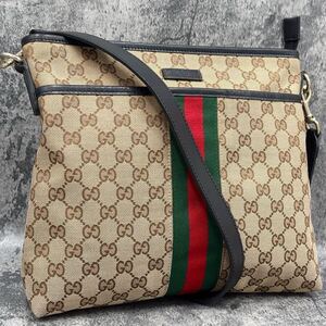 極美品 GUCCI グッチ シェリーライン サコッシュ ショルダーバッグ GG キャンバス レザー 本革 ベージュ ブラウン 黒 ブラック 肩掛け ロゴ