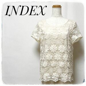 INDEXインデックスカットソー Tシャツ 花柄 ベージュ M シースルー カットソー 半袖 シャツ 柄 ホワイト 白 トップス ブラウス レディース