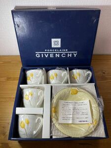 5-309 GIVENCHY ジバンシィ カップ ソーサー コーヒーカップ 食器 陶器 花柄 チューリップ 黄色 イエロー 白 ホワイト 5客セット 金絵付