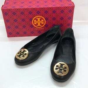 □TORY BURCH フラットパンプス 6 1/2 黒 トリーバーチ レディース バレエシューズ 羊革 ゴールド金具 複数落札同梱OK B230510-305