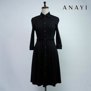 美品 ANAYI アナイ ウール100% 七分袖 襟付きシャツワンピース 膝丈 レディース 黒 ブラック サイズ36*OC1