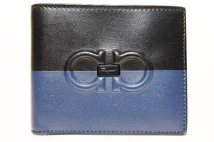 サルヴァトーレフェラガモ Salvatore Ferragamo SHORT FOLD WALLET NERO 66A464 二つ折り 財布 バイカラー ブラック ブルー ●▲■240925