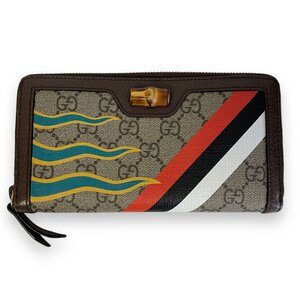 美品 GUCCI グッチ GGスプリーム ダイアナバンブー ラウンドファスナー ロングウォレット 長財布 ブラウン系 ◆