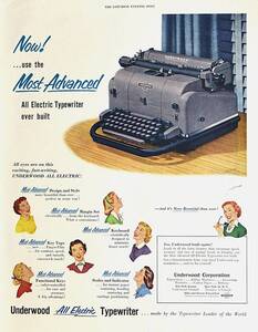 稀少！広告/1953年アンダーウッド・タイプライター広告/Underwood All Electric Typewriter/T