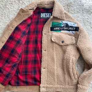 未使用級●XLサイズ相当/DIESEL ディーゼル ボアジャケット ランチジャケット Gジャン ブルゾン ジャケット メンズ チェック柄 ベージュ