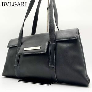 747【極美品】BVLGARI ブルガリ ハンドバッグ トートバック ロゴプレート シルバー 金具 ステッチ レザー 革 二層 肩掛け ブラック 黒