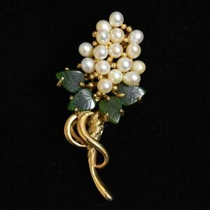 ヴィンテージ 1966年以前 スワボダ/Swoboda 淡水真珠と翡翠のお花の大きなブローチ 本物保証