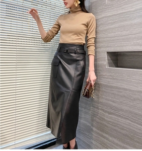 レディースラムレザースカートAラインスカート黒色XL