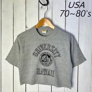 T●382 USA古着 70s～80s USA製 ショート丈 カレッジTシャツ S～M オールド ヴィンテージ フロッキー シングルステッチ VelvaSheen