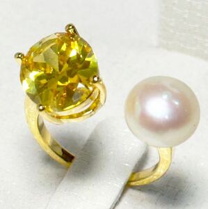 黄水晶×本真珠　天然パールリング　アクセサリー ring jewelry オープンリング