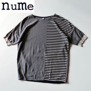 美品 nume ヌメ パネル切替ボーダーコットンニットプルオーバー 3 L ネイビー系 ドロップショルダー ゆったり Pal