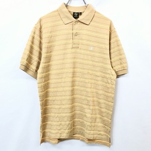 エーグル AIGLE ポロシャツ カットソー ボーダー ロゴ刺繍 半袖 ロングテール 日本製 綿100% M ベージュブラウン×オレンジ メンズ 男性